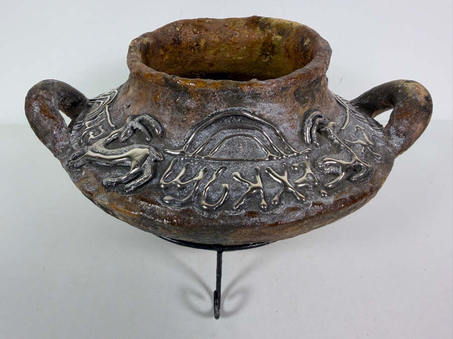 Vintage Domar Ltd Sterling Silver Overlay Iron Age II Replica Pottery Vase 12'W X 6.75'H [Photo 9]