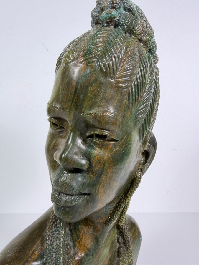 Impressive Signed James Tandi Hand Carved African Shona Verdite Stone Bust Sculpture 8'W X 5'D X 14'H [Photo 5]