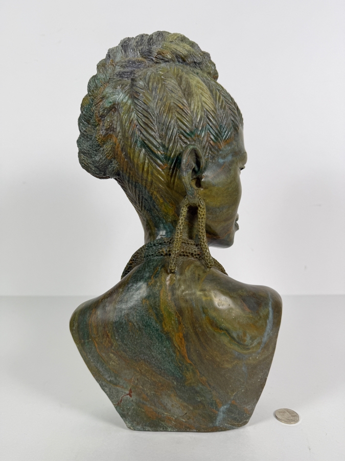 Impressive Signed James Tandi Hand Carved African Shona Verdite Stone Bust Sculpture 8'W X 5'D X 14'H [Photo 10]