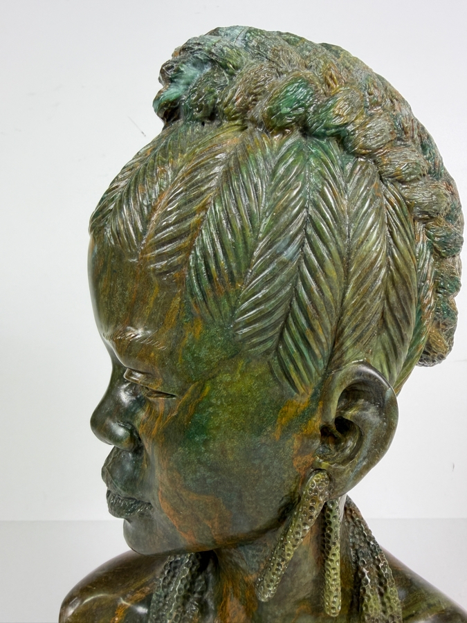 Impressive Signed James Tandi Hand Carved African Shona Verdite Stone Bust Sculpture 8'W X 5'D X 14'H [Photo 2]