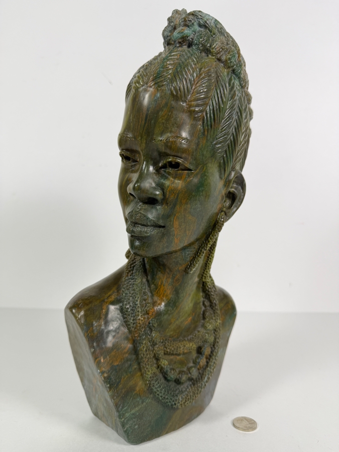 Impressive Signed James Tandi Hand Carved African Shona Verdite Stone Bust Sculpture 8'W X 5'D X 14'H [Photo 4]