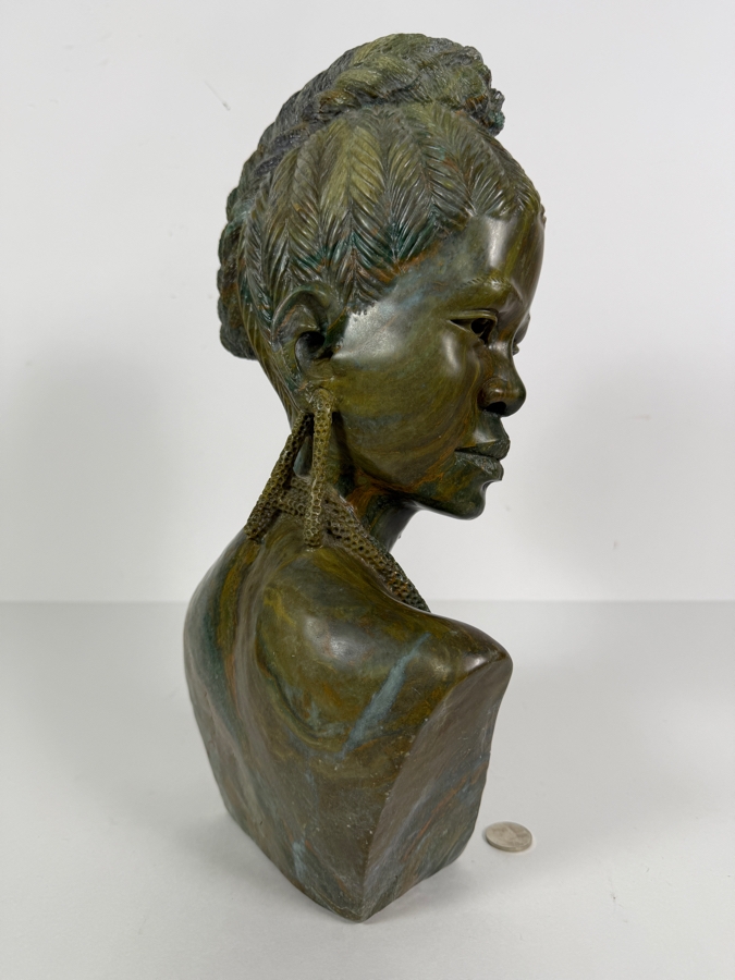 Impressive Signed James Tandi Hand Carved African Shona Verdite Stone Bust Sculpture 8'W X 5'D X 14'H [Photo 8]