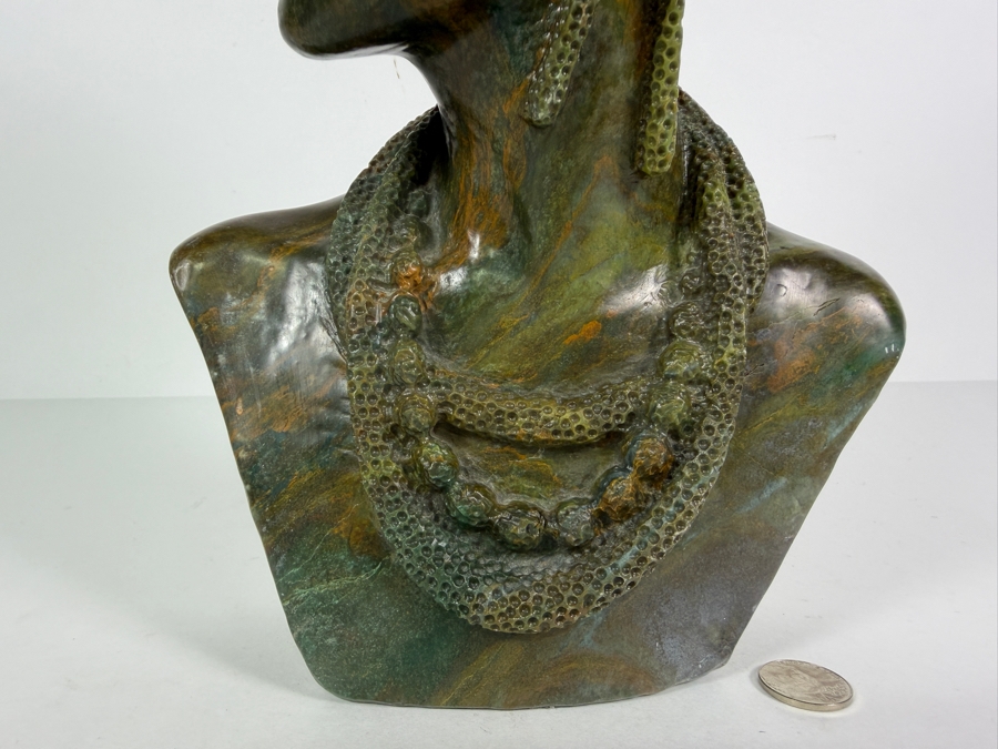 Impressive Signed James Tandi Hand Carved African Shona Verdite Stone Bust Sculpture 8'W X 5'D X 14'H [Photo 3]