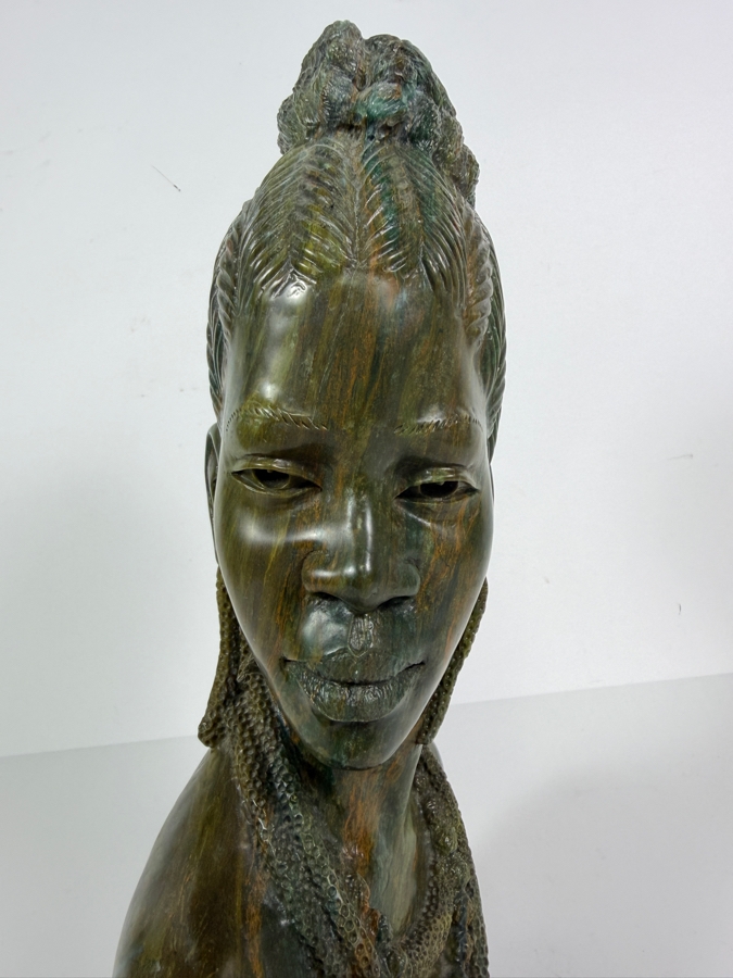 Impressive Signed James Tandi Hand Carved African Shona Verdite Stone Bust Sculpture 8'W X 5'D X 14'H [Photo 7]