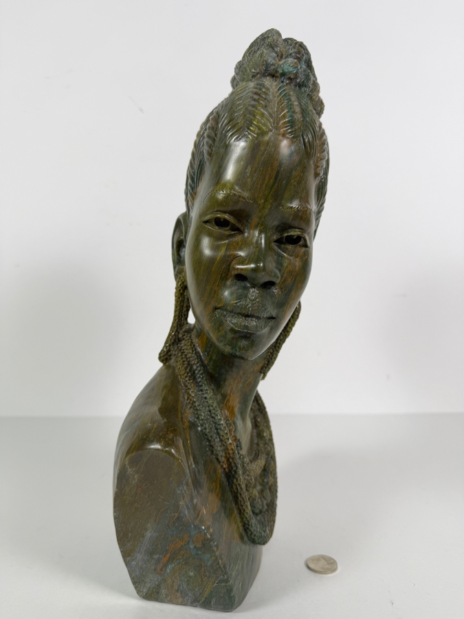Impressive Signed James Tandi Hand Carved African Shona Verdite Stone Bust Sculpture 8'W X 5'D X 14'H [Photo 6]