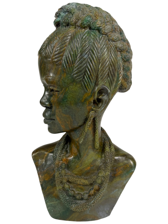 Impressive Signed James Tandi Hand Carved African Shona Verdite Stone Bust Sculpture 8'W X 5'D X 14'H