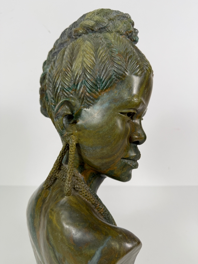 Impressive Signed James Tandi Hand Carved African Shona Verdite Stone Bust Sculpture 8'W X 5'D X 14'H [Photo 9]