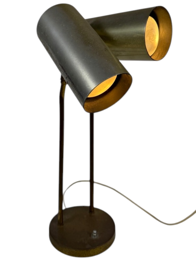 Vintage Koch And Lowy OMI Mid Century Modern Dual Cylinder Adjustable Brass Desk Lamp 18'H