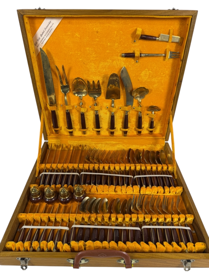 Vintage Large Cased Gold Field Limited Partnership Brass And Rosewood Flatware Canteen Set Bangkok, Thailand