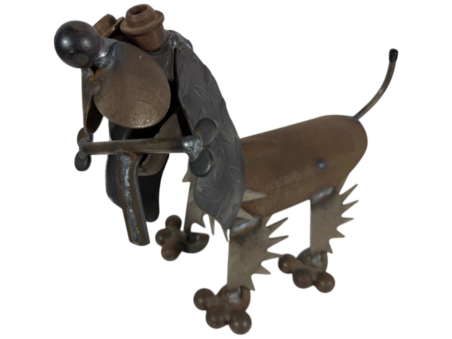 Vintage Folk Art Welded Scrap Metal Dog Sculpture With Bone 14'W X 7'D X 12'H