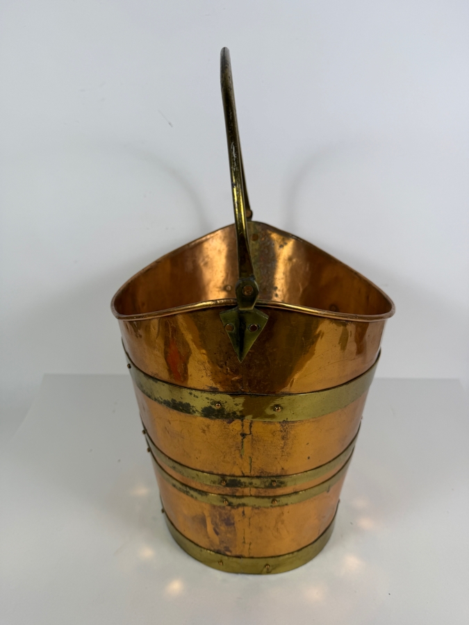 English Copper And Brass Coal Scuttle Bucket With Swing Handle 14'W X 18'H [Photo 4]