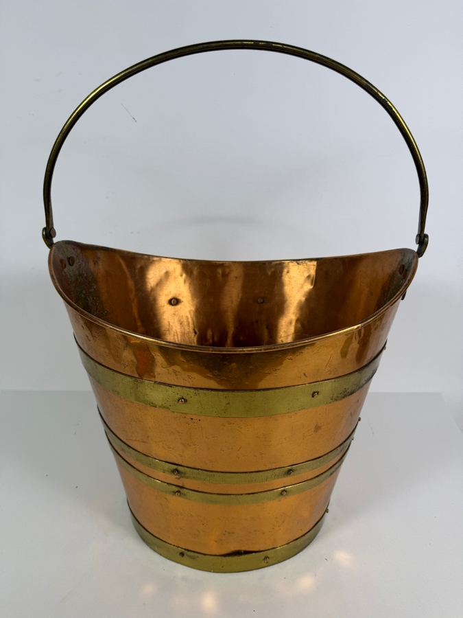 English Copper And Brass Coal Scuttle Bucket With Swing Handle 14'W X 18'H [Photo 5]
