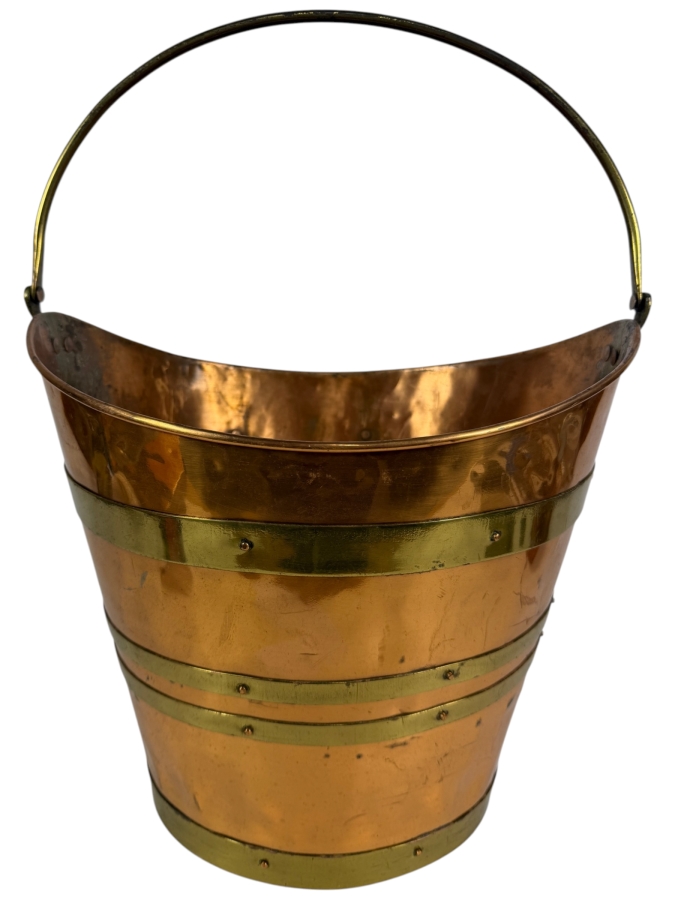 English Copper And Brass Coal Scuttle Bucket With Swing Handle 14'W X 18'H