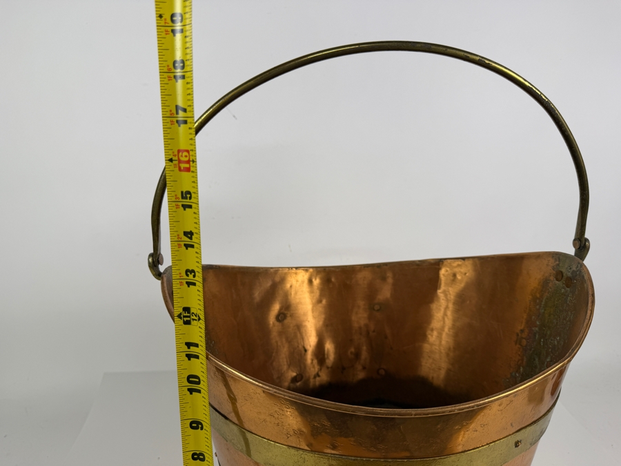 English Copper And Brass Coal Scuttle Bucket With Swing Handle 14'W X 18'H [Photo 8]