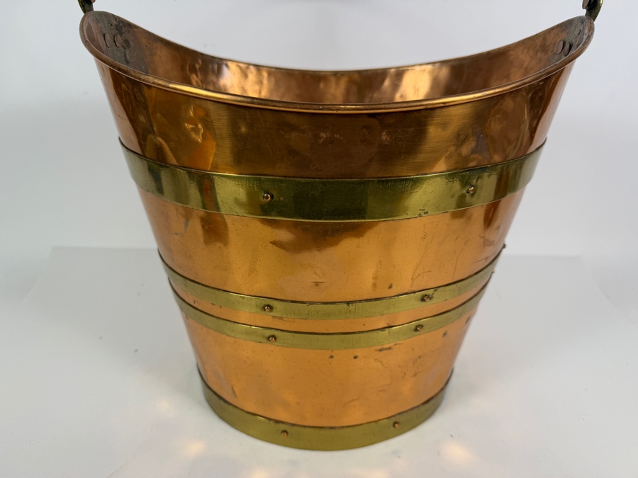 English Copper And Brass Coal Scuttle Bucket With Swing Handle 14'W X 18'H [Photo 3]