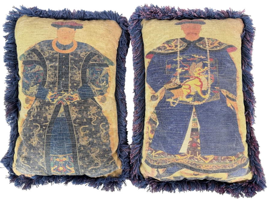 Pair Of Chinese Ancestor Portrait Printed Throw Pillows With Fringed Trim 10'W X 16'H