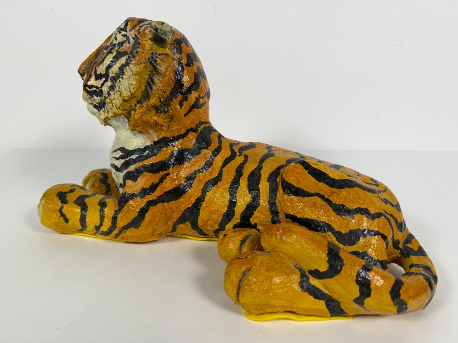 Signed D'Incau 1974 Vintage Folk Art Hand Painted Paper Mache Reclining Tiger Figurine 14'W X 7'H [Photo 5]