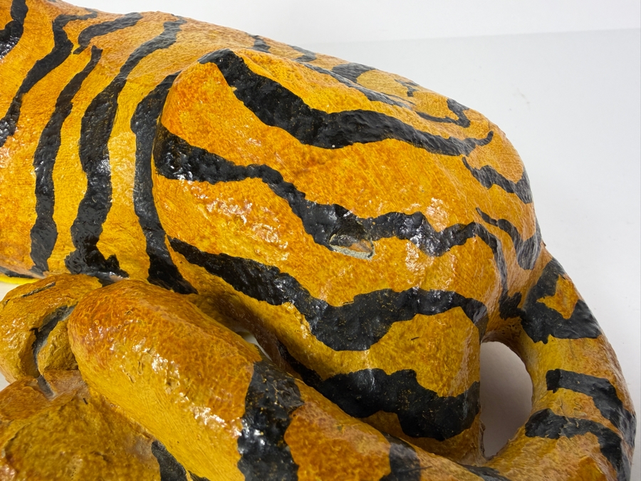 Signed D'Incau 1974 Vintage Folk Art Hand Painted Paper Mache Reclining Tiger Figurine 14'W X 7'H [Photo 6]