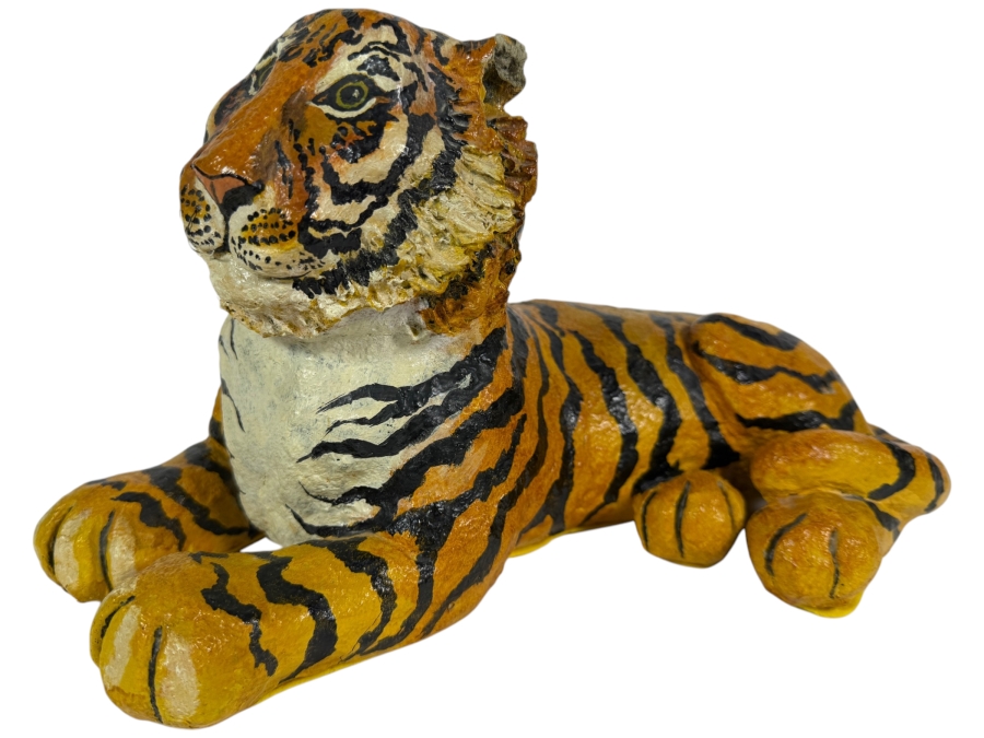 Signed D'Incau 1974 Vintage Folk Art Hand Painted Paper Mache Reclining Tiger Figurine 14'W X 7'H