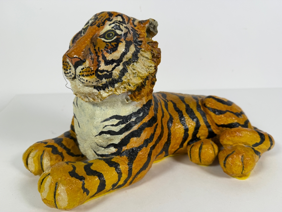 Signed D'Incau 1974 Vintage Folk Art Hand Painted Paper Mache Reclining Tiger Figurine 14'W X 7'H [Photo 2]