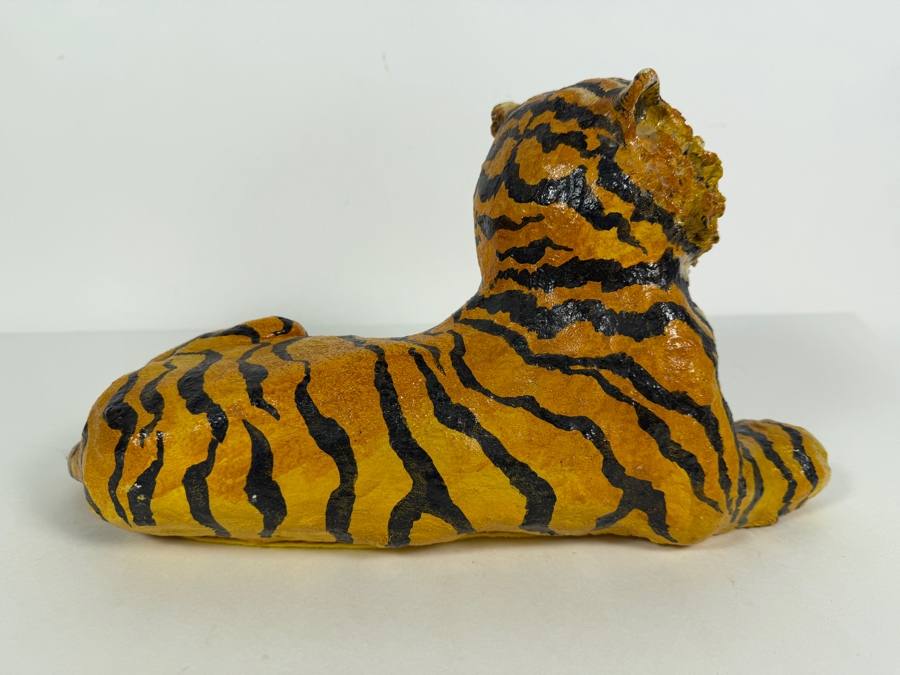 Signed D'Incau 1974 Vintage Folk Art Hand Painted Paper Mache Reclining Tiger Figurine 14'W X 7'H [Photo 7]
