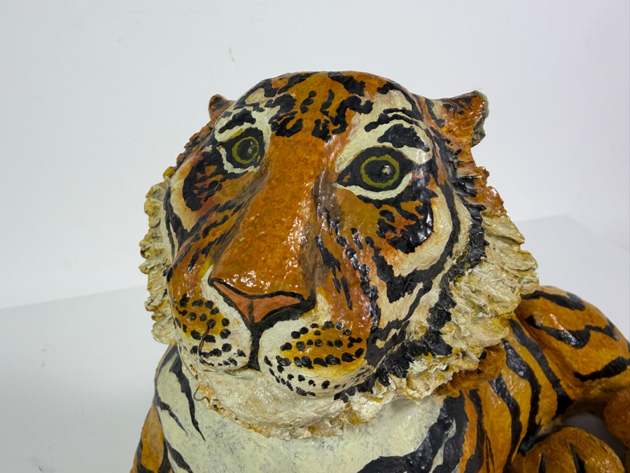 Signed D'Incau 1974 Vintage Folk Art Hand Painted Paper Mache Reclining Tiger Figurine 14'W X 7'H [Photo 3]