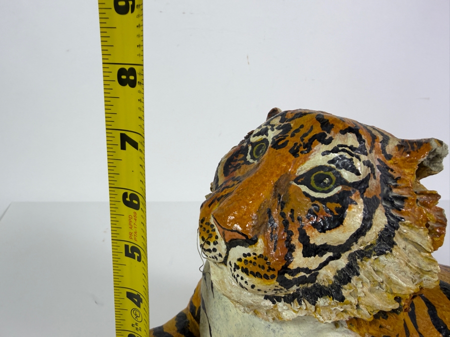 Signed D'Incau 1974 Vintage Folk Art Hand Painted Paper Mache Reclining Tiger Figurine 14'W X 7'H [Photo 11]