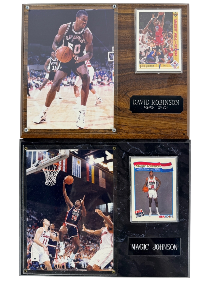 Two Individual Vintage NBA Star Memorabilia Plaques For David Robinson And Magic Johnson 10'W X 8'H
