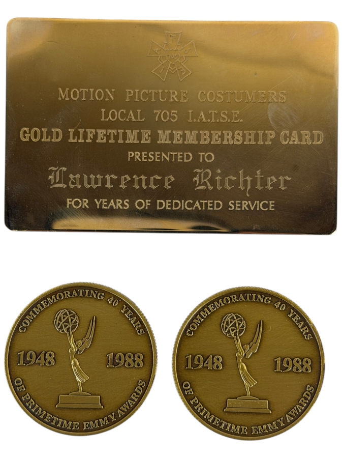 Motion Picture Costumers Local 705 Gold Lifetime Membership Card (Gold Filled) And Two 1988 Commemorative Primetime Emmy Medallions Awarded To Lawrence Richter