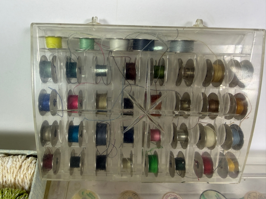 Large Mixed Lot Of Vintage Sewing Supplies Including Brunswick Coolspun Yarn Skeins And Numerous Thread Spools In Plastic Organizer Cases [Photo 5]