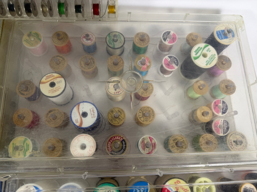 Large Mixed Lot Of Vintage Sewing Supplies Including Brunswick Coolspun Yarn Skeins And Numerous Thread Spools In Plastic Organizer Cases [Photo 4]