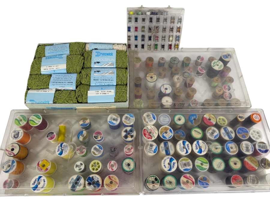Large Mixed Lot Of Vintage Sewing Supplies Including Brunswick Coolspun Yarn Skeins And Numerous Thread Spools In Plastic Organizer Cases
