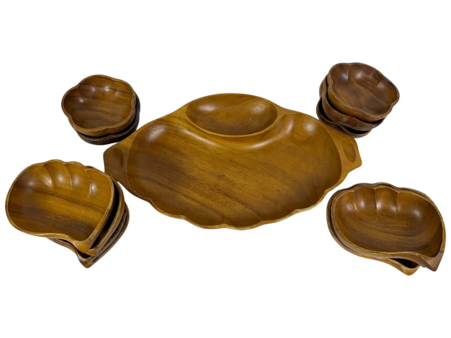 Vintage Mid Century Modern Monkey Pod Wood Shell Shaped Serving Set 20'W X 12'H