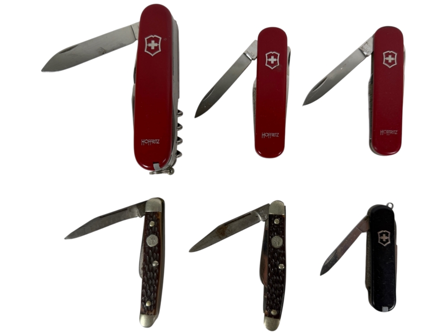 Mixed Lot Of Six Vintage Pocket Knives Including Victorinox Hoffritz Swiss Army And Boker Tree Brand Folding Knives