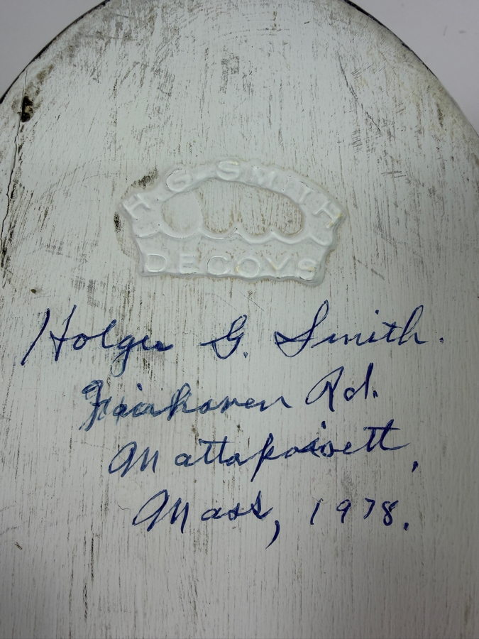 Vintage 1978 Signed Holger G Smith Hand Carved Wooden Decoy Underside With Maker Stamp 14'W X 8'H [Photo 4]