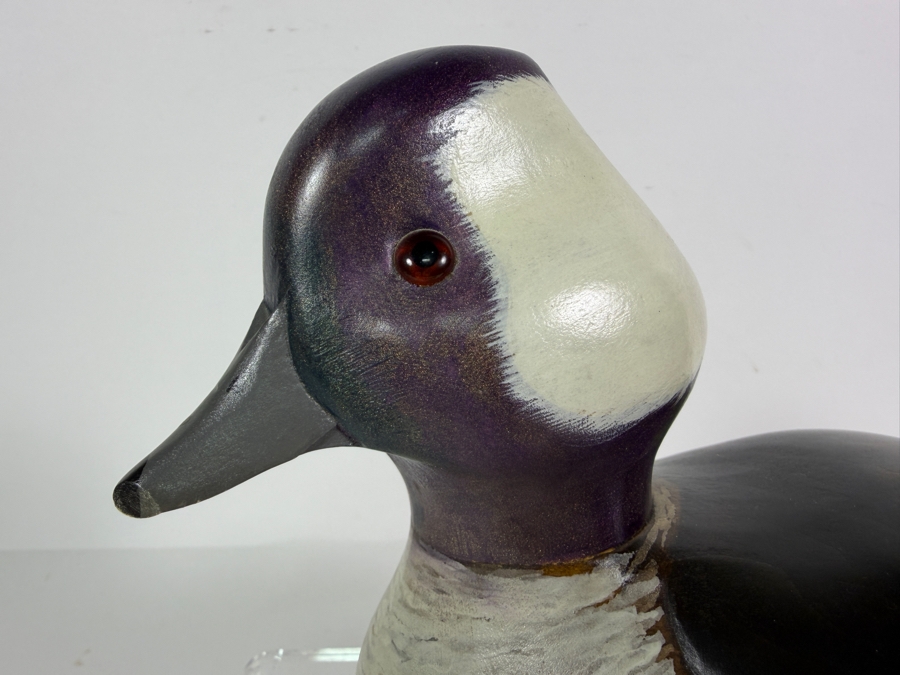 Vintage 1980 Signed B T Cook The Wooden Bird Factory Hand Carved Wooden Bufflehead Drake Decoy Underside With Brand Mark 9.5'W X 6'H [Photo 2]