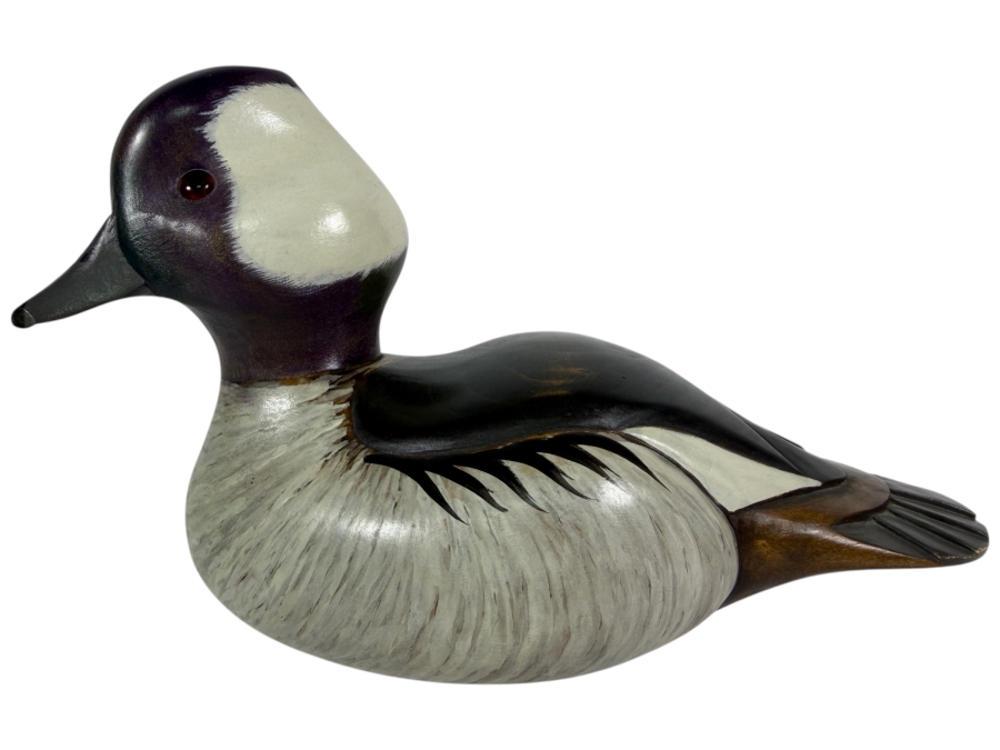 Vintage 1980 Signed B T Cook The Wooden Bird Factory Hand Carved Wooden Bufflehead Drake Decoy Underside With Brand Mark 9.5'W X 6'H