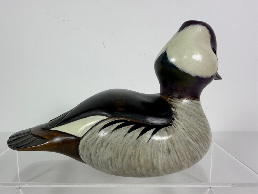 Vintage 1980 Signed B T Cook The Wooden Bird Factory Hand Carved Wooden Bufflehead Drake Decoy Underside With Brand Mark 9.5'W X 6'H [Photo 3]