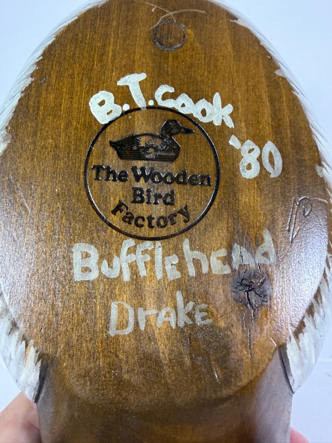 Vintage 1980 Signed B T Cook The Wooden Bird Factory Hand Carved Wooden Bufflehead Drake Decoy Underside With Brand Mark 9.5'W X 6'H [Photo 4]