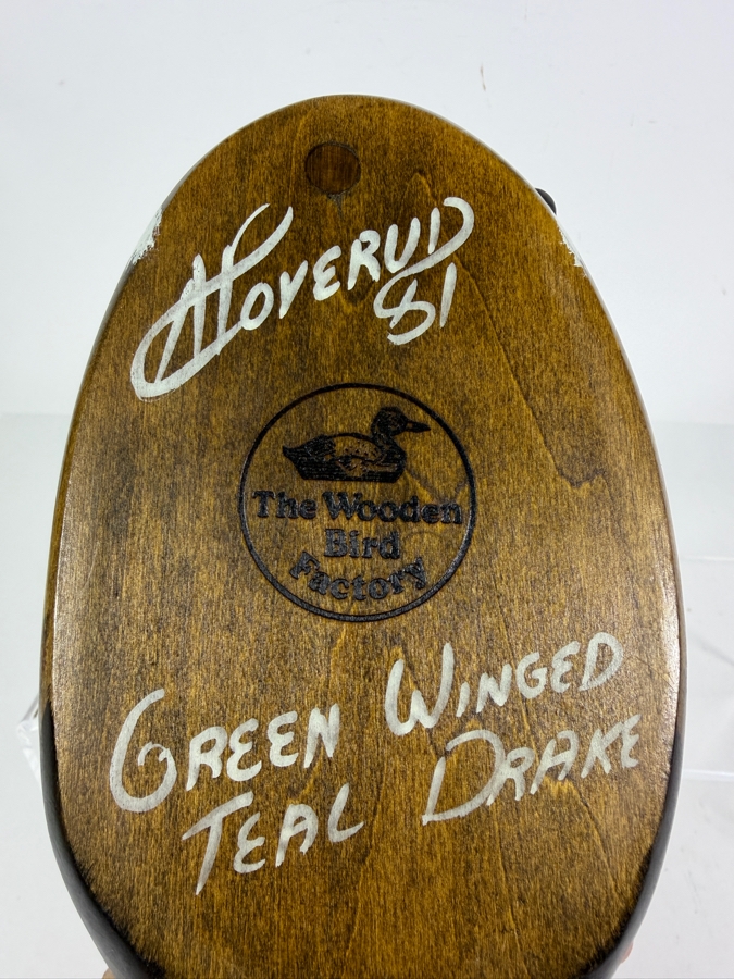 Vinatge 1981 Signed Hoverud The Wooden Bird Factory Hand Carved Wooden Green Winged Teal Drake Decoy Underside With Brand Mark 11'W X 5.5'H [Photo 4]