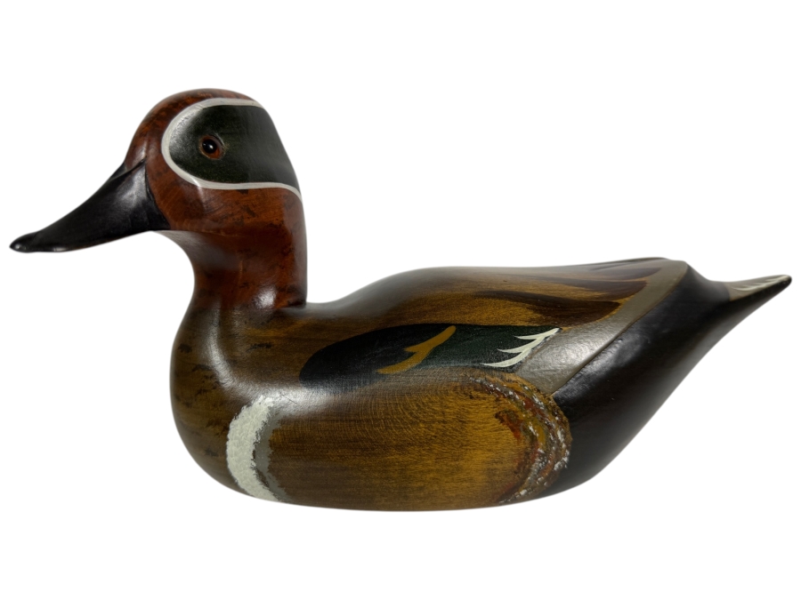 Vinatge 1981 Signed Hoverud The Wooden Bird Factory Hand Carved Wooden Green Winged Teal Drake Decoy Underside With Brand Mark 11'W X 5.5'H