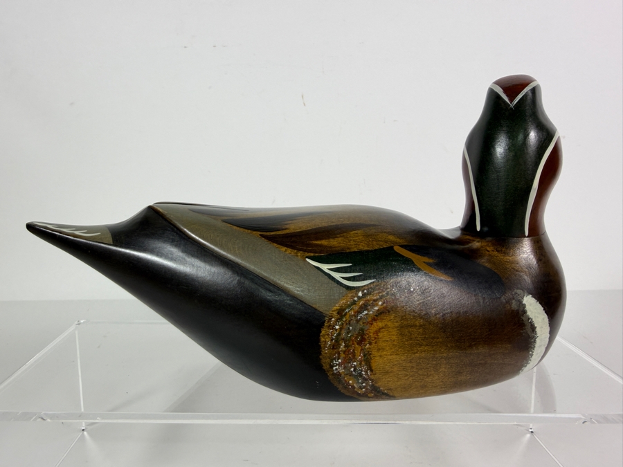 Vinatge 1981 Signed Hoverud The Wooden Bird Factory Hand Carved Wooden Green Winged Teal Drake Decoy Underside With Brand Mark 11'W X 5.5'H [Photo 2]