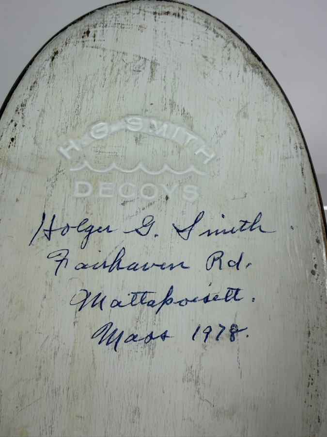 Vintage 1978 Signed Holger G Smith Hand Carved Wooden Decoy Underside With Maker Stamp 10.5'W X 6'H [Photo 4]