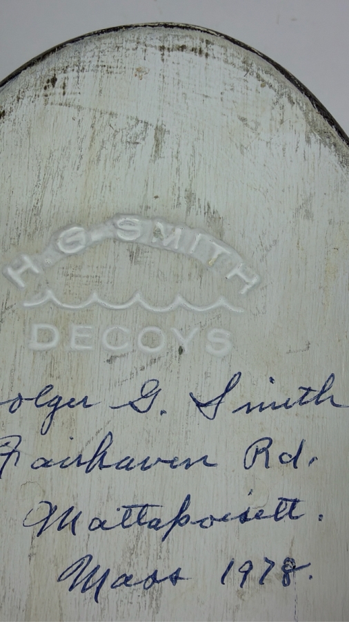 Vintage 1978 Signed Holger G Smith Hand Carved Wooden Decoy Underside With Maker Stamp 10.5'W X 6'H [Photo 3]