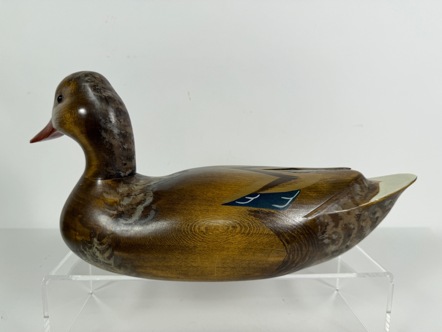Vintage 1981 Signed C Miller The Wooden Bird Factory Hand Carved Wooden Mallard Hen Decoy Underside With Brand Mark 14.5'W X 6.5'H [Photo 4]
