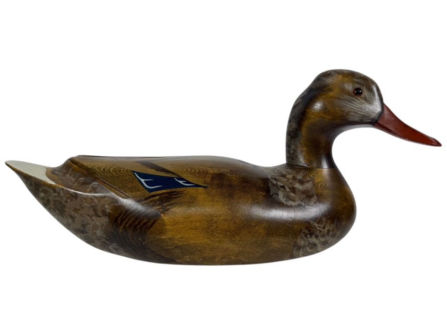 Vintage 1981 Signed C Miller The Wooden Bird Factory Hand Carved Wooden Mallard Hen Decoy Underside With Brand Mark 14.5'W X 6.5'H