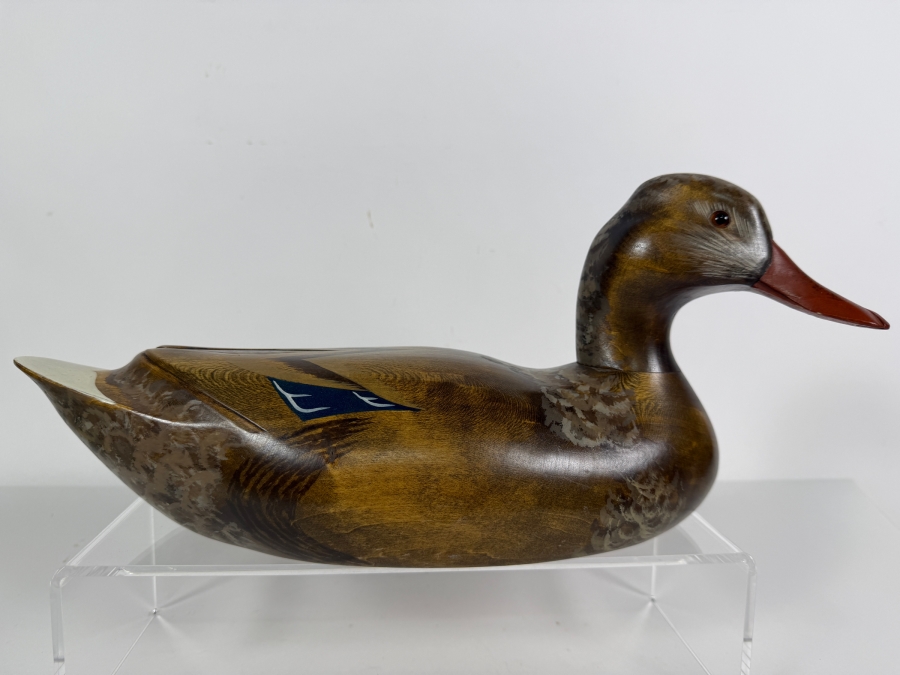 Vintage 1981 Signed C Miller The Wooden Bird Factory Hand Carved Wooden Mallard Hen Decoy Underside With Brand Mark 14.5'W X 6.5'H [Photo 2]