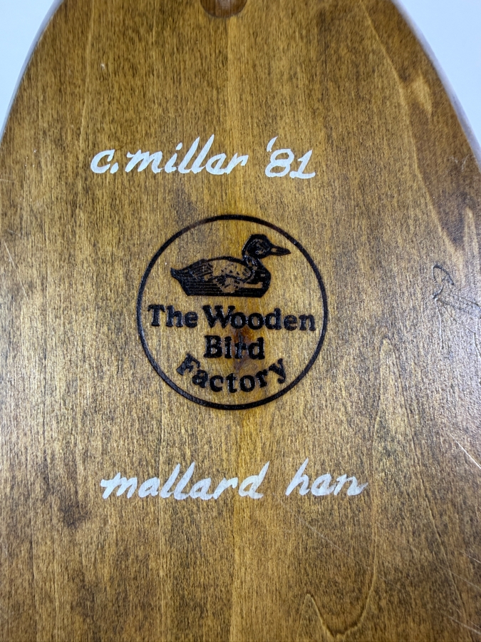 Vintage 1981 Signed C Miller The Wooden Bird Factory Hand Carved Wooden Mallard Hen Decoy Underside With Brand Mark 14.5'W X 6.5'H [Photo 5]