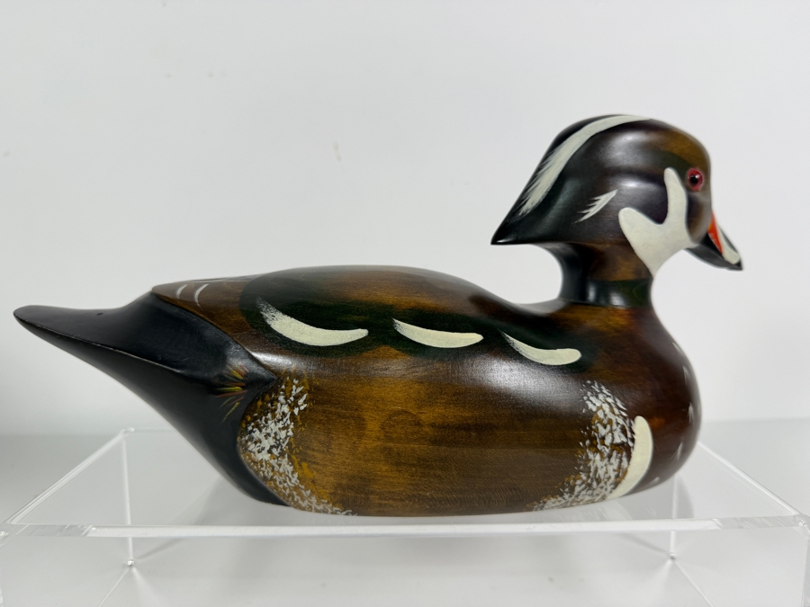 Vintage 1980 Signed P Korman The Wooden Bird Factory Hand Carved Wooden Wood Duck Drake Decoy Underside With Brand Mark 12'W X 6'H [Photo 3]
