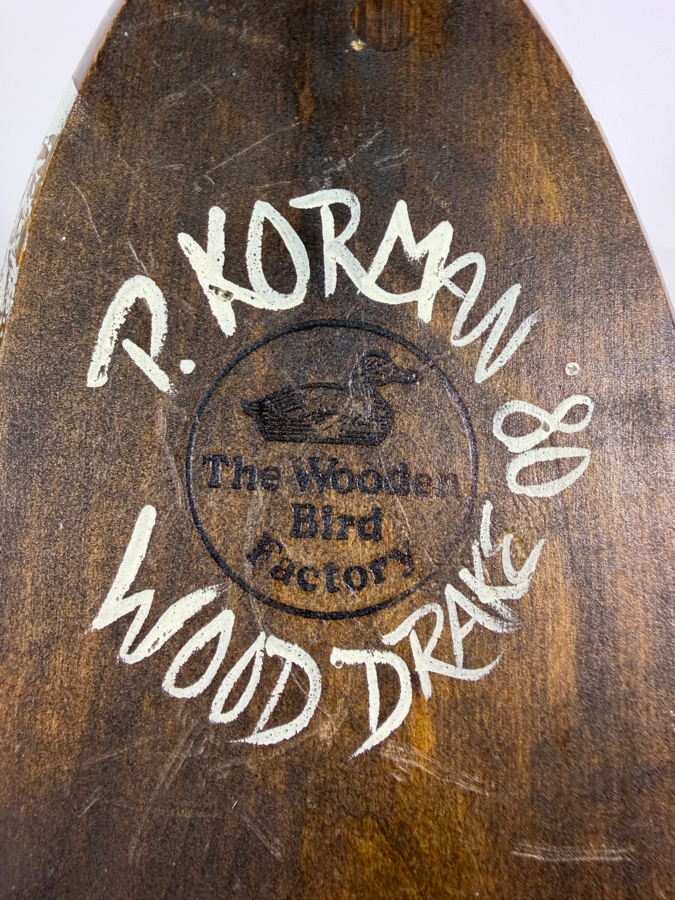 Vintage 1980 Signed P Korman The Wooden Bird Factory Hand Carved Wooden Wood Duck Drake Decoy Underside With Brand Mark 12'W X 6'H [Photo 4]